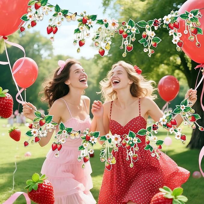 Paper Jazz Strawberry Birthday Banner 2pcs Strawberry Garland Decoration Berry First Theme Birthday Supplies,Strawberry Streamers for Garden Classroom Red and Green Party Decor for Girl
