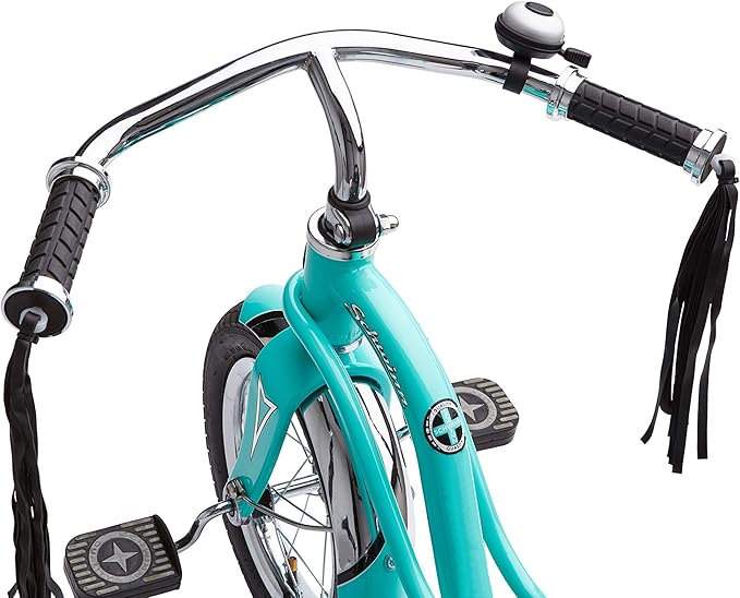 Schwinn Roadster Bike for Toddler, Kids Classic Tricycle, Low Positioned Steel Trike Frame with Bell and Handlebar Tassels, Rear Deck Made of Genuine Wood, for Boys and Girls Ages 2-4 Year Old, Teal