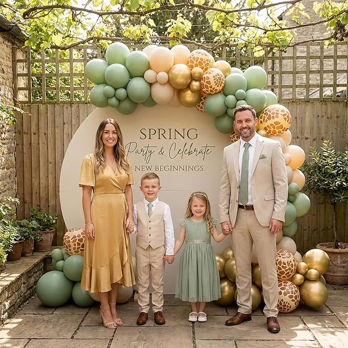 Safari Balloon Garland Kit with Sage Green sand White Gold and Jungle giraffe animal print balloons for Woodland Themed Giraffe Wedding Two Wild One Birthday Party decorations supplies