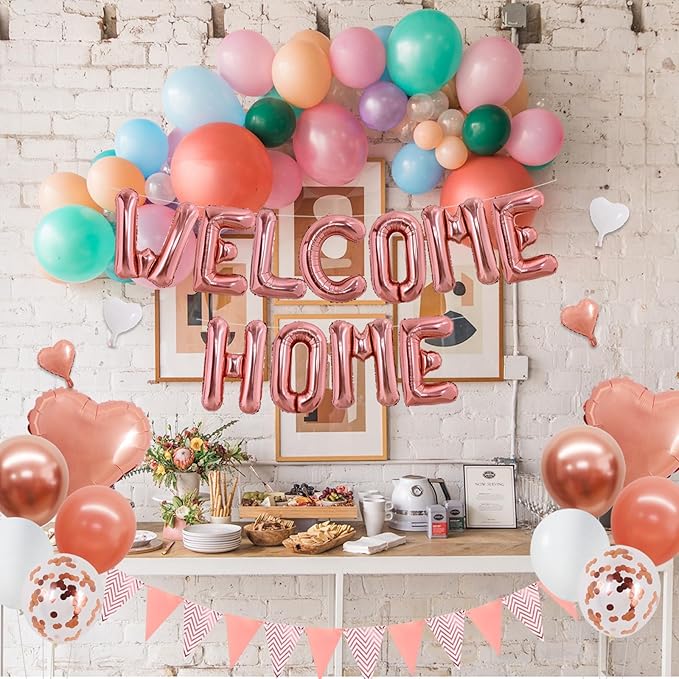 TONIFUL Welcome Home Decorations,16 Inch Rose Gold Welcome Home Foil Balloon Banner Rose Gold Confetti Balloons Pennant Flag Bunting for Homecoming Party House Warming Party Family Gathering Supplies