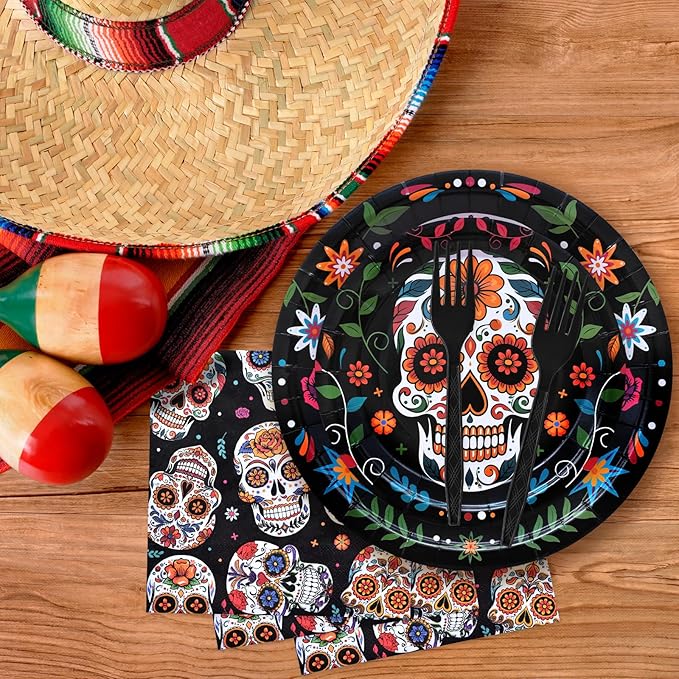 96 Pieces Day of the Dead Tableware Set - Mexican Sugar Skull Pattern Disposable Plates, Napkins, and Forks for Dia de los Muertos, Halloween, Fiesta, and Cultural Celebrations – Serves 24
