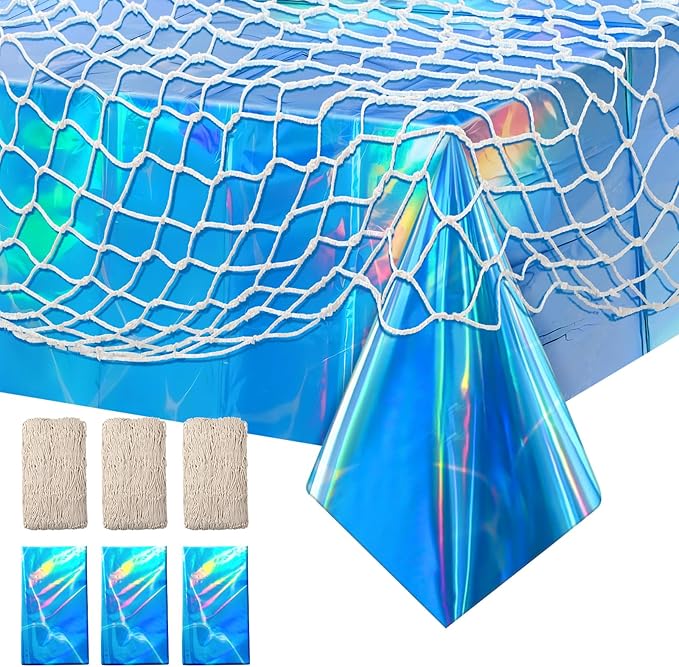 Unittype 6 Pcs Fish Net Decorative and Tablecloth Set, Cotton Fishnet and Plastic Table Cover Decorations Set for Nautical Themed Party Baby Shower Pirate Decorations Mermaid Party (Iridescent Wave)