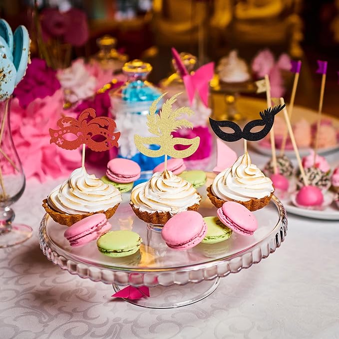 Gyufise 24 Pack Masquerade Masks Cupcake Toppers Black Gold Red Glitter Bachelorette Party Mask Cupcake Picks Mardi Gras Party Baby Shower Birthday Party Cake Decorations