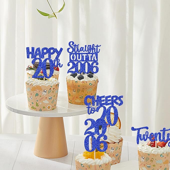 30 PCS 20th Birthday Cupcake Toppers Glitter Twenty Happy 20 Straight Outta 2006 Cupcake Picks for Cheers to 20 Fabulous 20th Birthday Anniversary Party Cake Decorations Supplier Blue