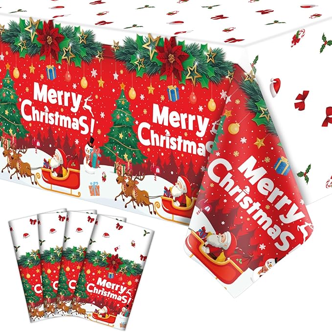 4 Pack Christmas Table Cloth Christmas Party Tablecloth Xmas Party Decoration Christmas Party Table Cover Xmas Table Cover with Christmas Tree and Snowflake 51 X 86 in