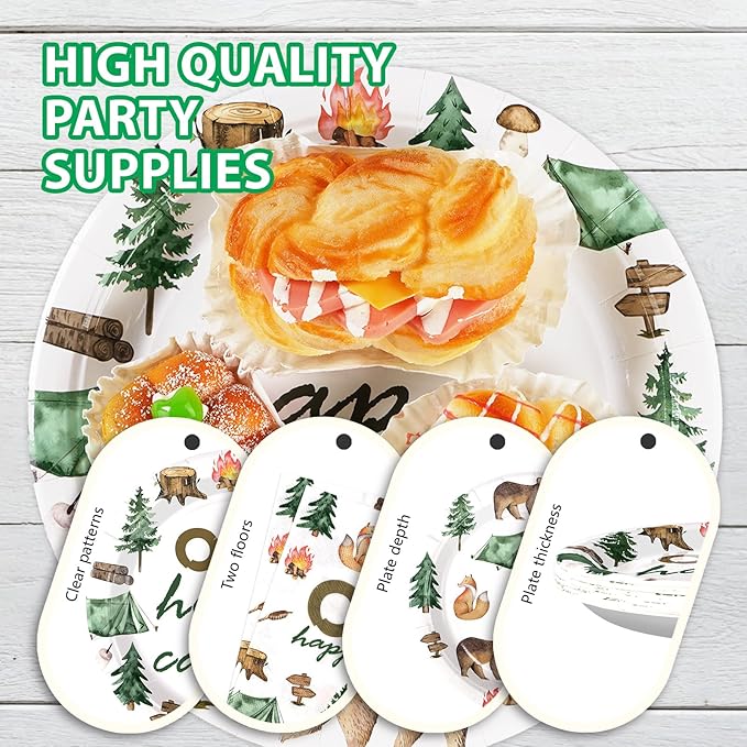96 Pcs One Happy Camper Birthday Decorations Disposable Happy Camper Paper Plates and Napkins Tableware Set Camping 1st Birthday Party Supplies for Boys Adventure First Birthday Party Decor Serves 24
