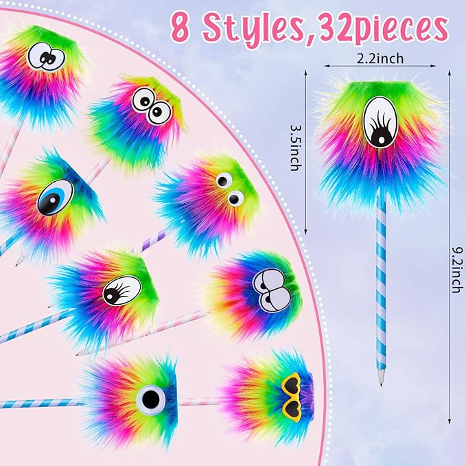 Outus 32 Pieces Rainbow Fluffy Monster Pens Cute Fun Pen for Monster Party Favors School Office Birthday Carnival Party Favor Supply