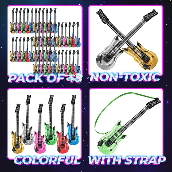Bedwina Inflatable Guitars for Kids - (Pack of 48) 36-inch Neon Blow Up Guitar Instruments, Party Favors, Giveaways, DJ-Props, Photo-Booth, Birthdays, Rock Star, Rock and Roll Party Decorations