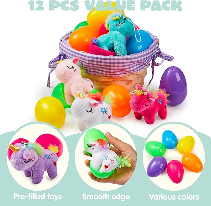 JOYIN 12 Pcs Filled Easter Eggs with Plush Unicorn, Bright Colorful Eggs Prefilled with Variety Plush Unicorn for Kids Toddlers Easter Hunt, Basket Stuffers and Party Favors