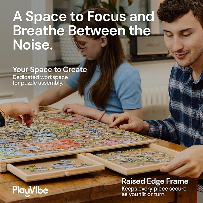 PlayVibe 1000 Piece Puzzle Board with Drawers and Cover - Portable Wooden Jigsaw Puzzle Tray with Drawers, Solve Station & Sturdy Table, Portable Outdoor Fun, Patio, Easter Gift Idea