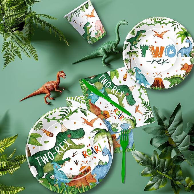 Dinosaur Two Rex Birthday Decorations Boy, Dino Theme Dinosaur Birthday Party Supplies Tableware, Paper Plate, Cup, Napkin, Fork, 24 Guests