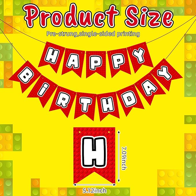 Oudain Pre-Strung Happy Birthday Banner Red Building Blocks Happy Birthday Decorations Building Block Themed Party Supplies for Boys Girls