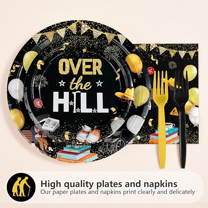 96Pcs Old Lives Matter Decoration Over The Hill Birthday Plates and Napkins Gold Black Funny Retirement Decoration Favor for Men Women 50th 60th 70th 80th Retirement Birthday Party Supplies Serves 24