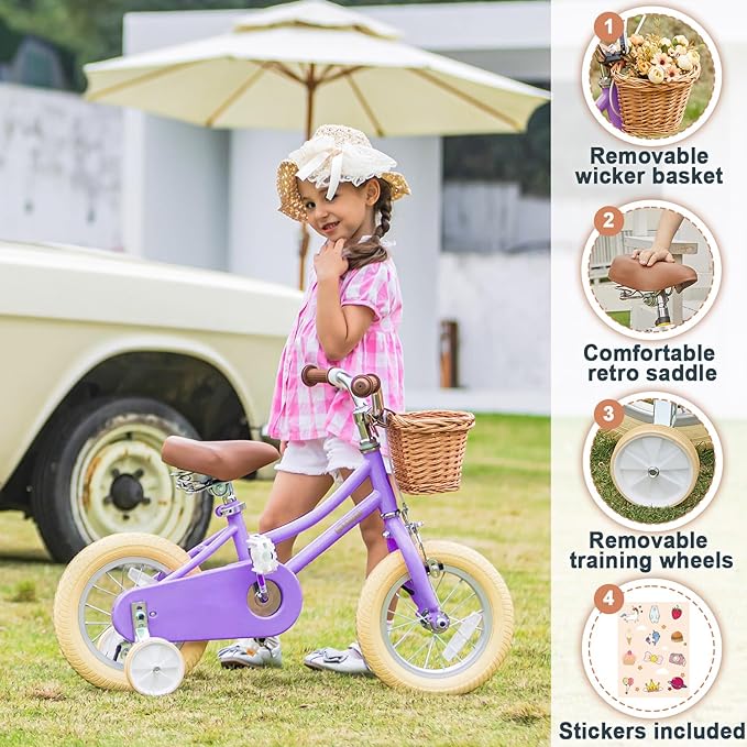 Petimini Vintage Kids Bike for Girls, 12–20 Inch Classic Bicycle with Wicker Basket & Bell, High Tensile Steel Frame, Training Wheels (12–18”), 85% Pre-Assembled, Retro Bike for Outdoor Riding