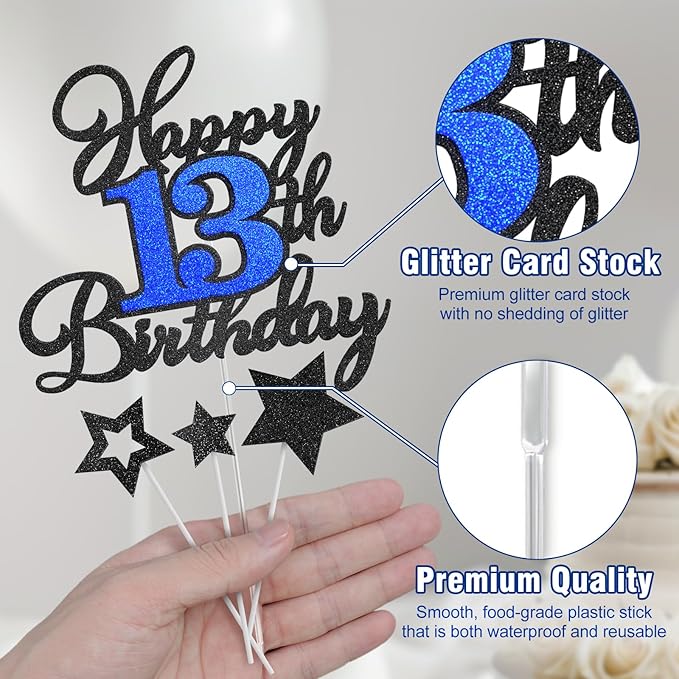 Happy 13th Birthday Cake Toppers, Black Blue Glitter Cake Decorations Set, 13th Birthday Decor, Birthday Anniversary Party Decorations Supplies