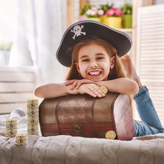 Leib Games Gold Metal Pirate Coins - 35 Leprechaun Metal Gold Coins for St Patricks Day, Game Tokens, Toys & Cosplay - Fake Coins Set for Pirate Treasure Chest - Diameter: 7/8"