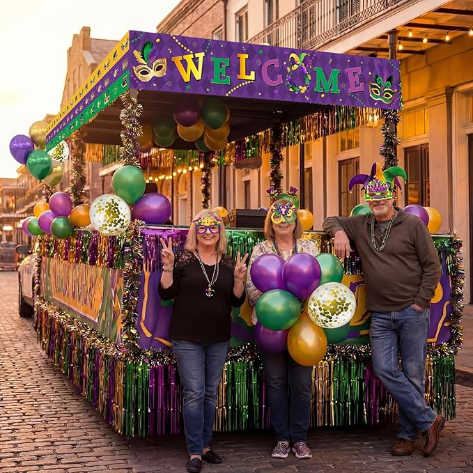 Capoda 128 Pcs Mardi Gras Wagon Float Decorations Kit - Parade Float Decor Wagon, Include Purple Gold Green Fringe Curtains, Banner, Balloons, Eyeglasses & Garland - Carnival Masquerade Party Supplies