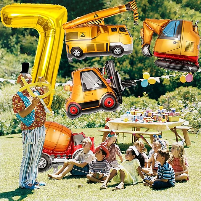 Large Gold Number 6 Balloons, Construction Truck Foil Balloons for Boys 7th Birthday Party Decorations