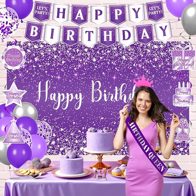 Purple Party Decorations for Women Girls Happy Birthday Banner Silver Glitter Backdrop Hanging Swirls Queen Sash 20PCS Purple Latex Balloons Set for Girl Sweet Princess Birthday Party Decor Supplies