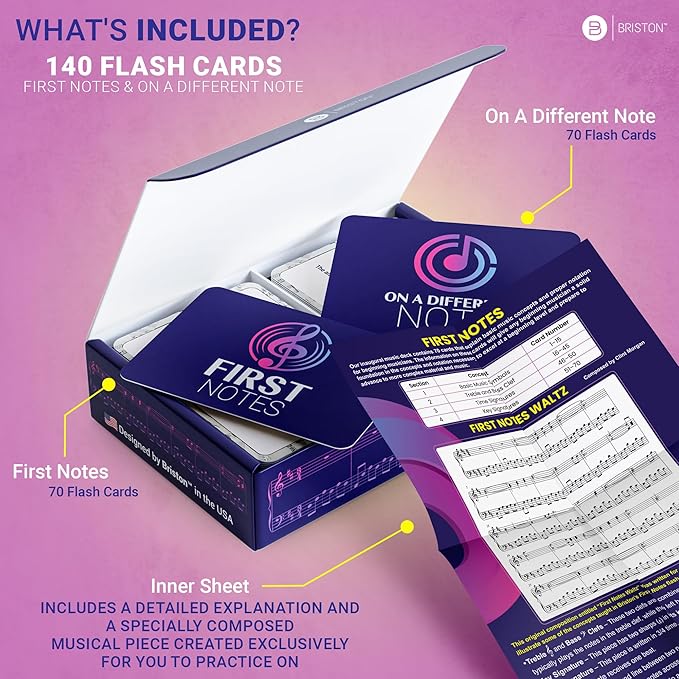 Briston Music Theory Flash Cards Set – 140 Music Note & Symbol Learning Cards for Teen & Adult Students, Treble Bass Alto Tenor Clef, Time & Key Signature Study Aid