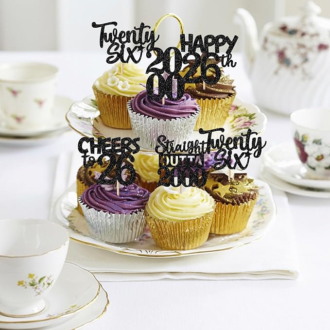 30PCS Black 26th Birthday Cupcake Toppers Glitter Twenty Six Happy 26th Straight Outta 2000 Cupcake Picks for Cheers to 26 Years Birthday Wedding Anniversary Party Cake Decorations Supplies
