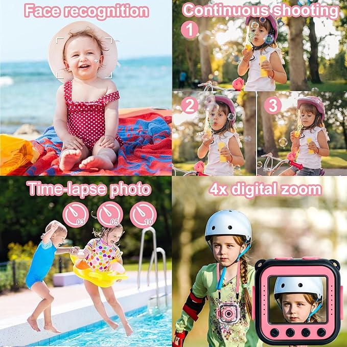PROGRACE Kids Underwater Camera & Pool Toy - IP68 Waterproof Action Camera for Girls Ages 3-12 with 1080P Video, 32GB Card, Bike Mount, Birthday Gift for Swimming, Diving, Riding, Snorkeling