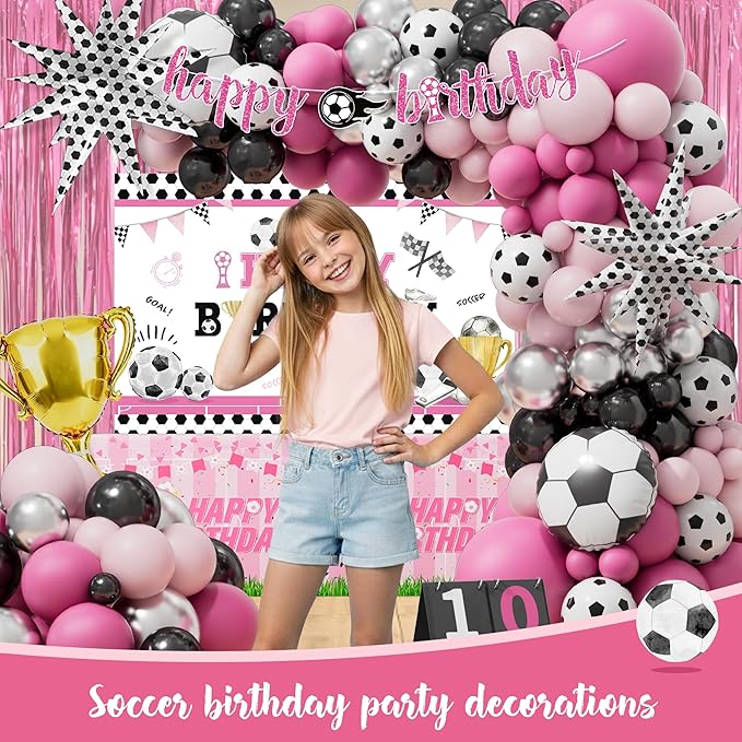 Pink Soccer Birthday Party Decorations Kit for Girls – Soccer-Themed Party Supplies with Backdrop Tablecloth Cake & Cupcake Toppers Soccer Party Decor for Soccer Fans Girls Women Birthday Decorations