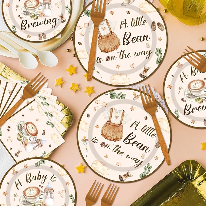 96Pcs Coffee Theme Baby Shower Tableware Set - Coffee A Baby Is Brewing Paper Plates Napkins Forks A litte Bean Is On The Way Gender Reveal Party Supplies Serve 24 Guests