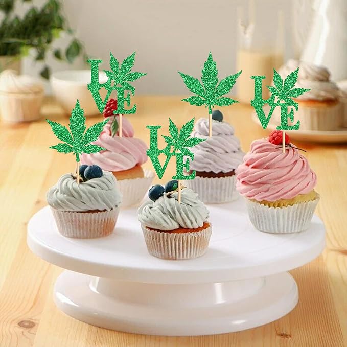 Ercadio 24 Pcs Green Glitter Marijuana Cupcake Topper Have a Dope Love Theme Decor Supplies Man Woman Happy Birthday Party Decorations Supplies