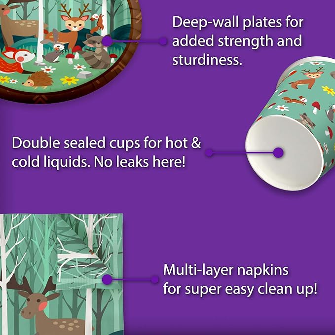 Woodland Animals Birthday Party Supplies Set Plates Napkins Cups Tableware Kit for 16