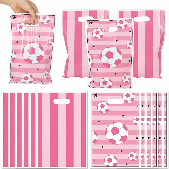 50Pcs Pink Soccer Party Favor Bags, Soccer Theme Plastic Candy Goodie Treat Gift Bag with Handles Football Team Sport Party Supplies Birthday Decoration Gift for Football Lovers