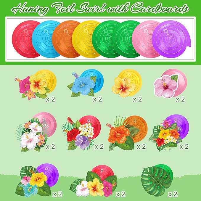 Outus 30 Pieces Hawaiian Luau Birthday Party Hanging Swirl Decorations, Flower Tropical Palm Flamingo Sign Foil Ceiling Decor for Floral Tropical Party Summer Beach Pool Tiki Supplies(Flower)