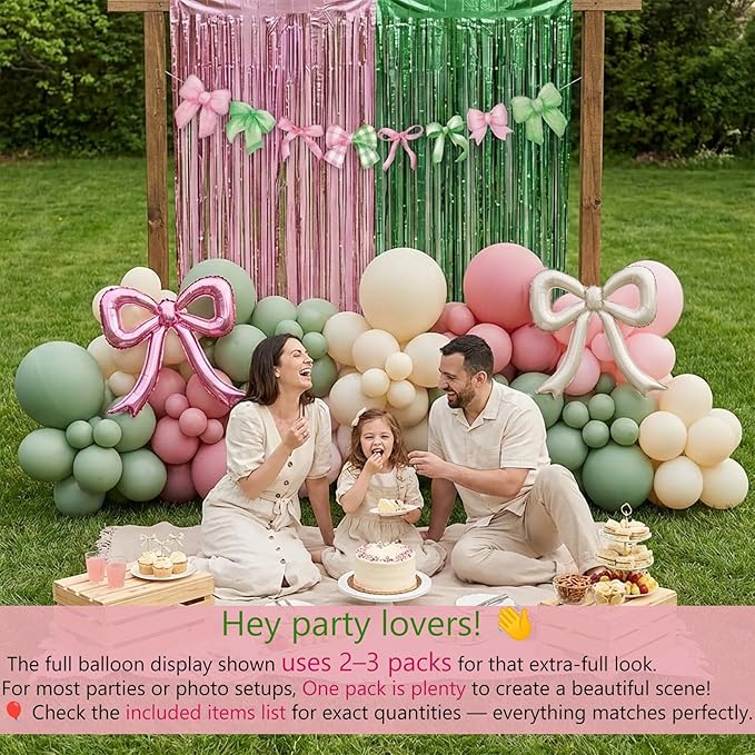 Spring Pink and Green Party Decorations with Bow foil Balloons & Tinsel Foil Fringe Curtains cute Bow Banner for girl baby in bloom baby shower woodland Safari wild one theme party decorations