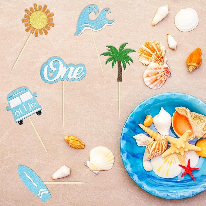 24 Pack The Big One Surfing Theme First Birthday Cupcake Toppers Summer 1st Birthday Party Decorations Picks for Summer Beach Party Supplies (1st Birthday)