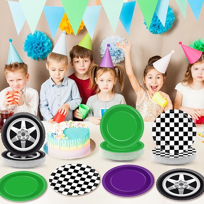 60Pcs Monster Truck Party Paper Plates Green Purple Monster Truck Birthday Party Supplies 7 Inch Black and White Checked Theme Disposable Dinner Dessert Cake Plates for Kids Racing Car Birthday Decor