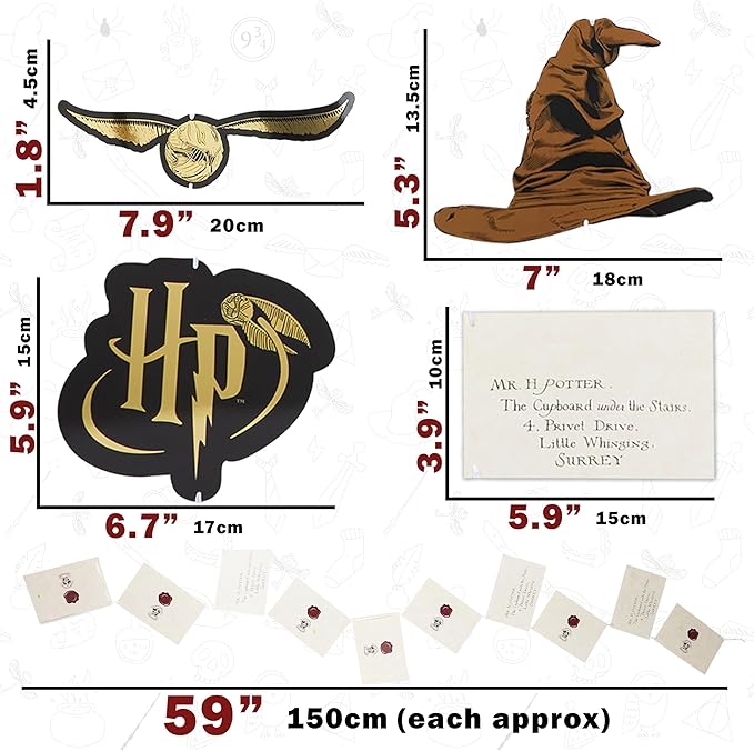 Harry Potter Gifts Garland Decorations Set of 4 Party Banners 4.9 Ft Golden Snitch Letters Sorting Hat Wall Decor Birthday Party Supplies Room Decor (Multi Banners, 40 Pieces)