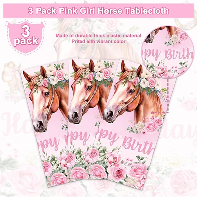 3PCS Cowgirl Horse Party Tablecloths for Girls Birthday Pink Western Horse Themed Saddle up Table Cover Party Decorations Disposable Plastic Table Cloth