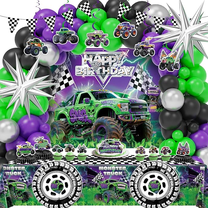 99 Pcs Monster Truck Birthday Party Decorations Set with Purple and Green Black Balloon Garland Arch Kit with Star & Wheels Checkered Balloons, Backdrop, Tablecloth, Grave Digger Party Supplies