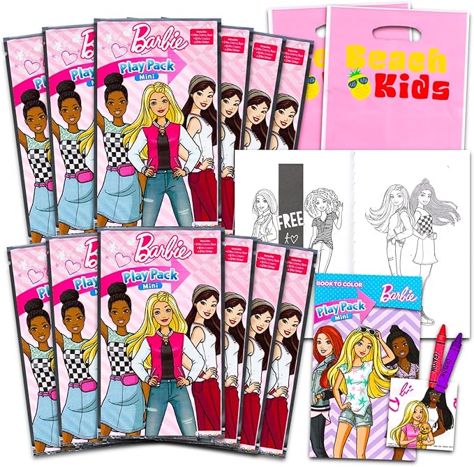 12 Pc Barbie Mini Party Favors Set - Bundle with 12 Barbie Play Packs | Mini Coloring Books, Stickers, and Goodie Bags (Barbie Birthday Party Supplies Decorations)