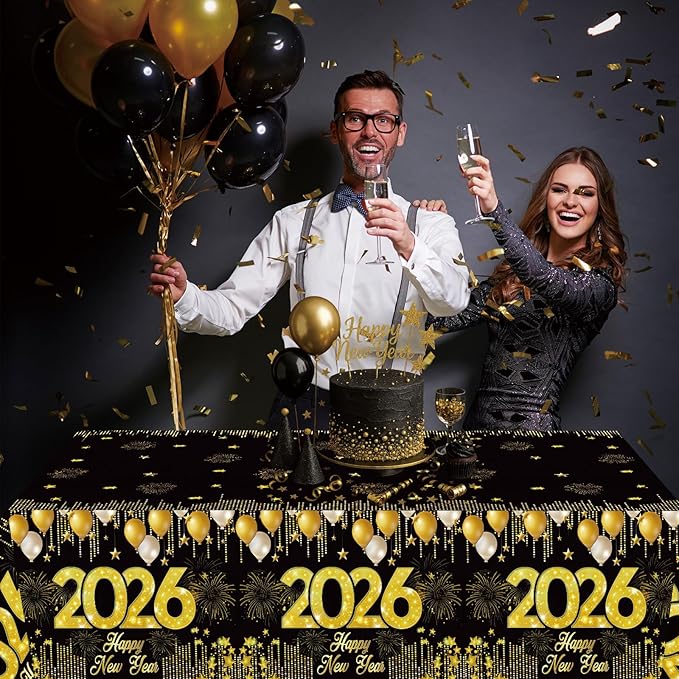 Staraise 3PCS New Years Tablecloths, Black and Gold Plastic Tablecloth Happy New Year Table Decorations Disposable Rectangular PE Table Cover for New Year's Eve Party Supplies 2026, 51.2X 86.6inch