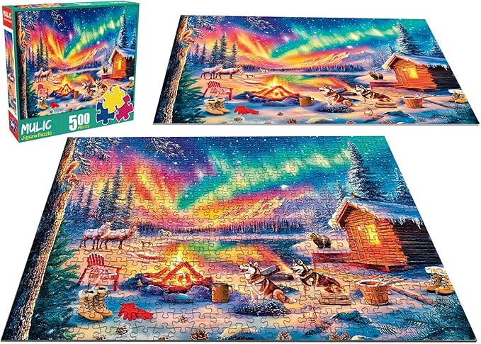 500 Piece Puzzles for Adults - Jigsaw Puzzles - Campfire Under The Northern Lights - Winter Puzzles