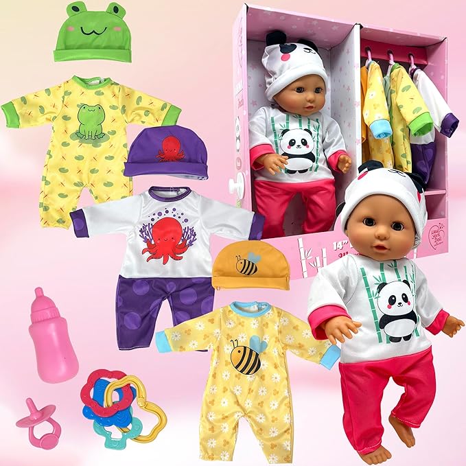Soft Body Baby Doll with Accessories & 4 Sets of Animal Outfits, Realistic Baby Doll with Clothes & Toys, 14 Inch Baby Doll Play Set Wardrobe Closet, Baby Dolls for Girls, Gift for 3 4 5 Year Old