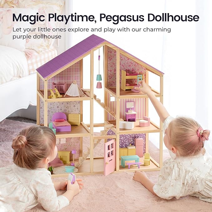 Tiny Land Wooden Dollhouse for Girls - 6 Rooms Wooden Doll House, DIY Pretend Doll House with 31Pcs Furniture Accessories, Creative Gift for Girl Ages 3+ (Unicorn Purple)