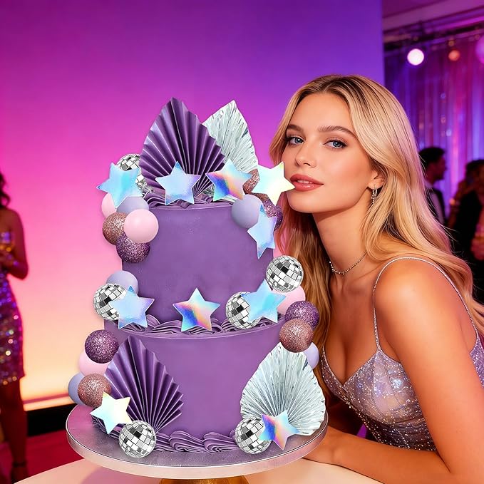 41Pcs Cool Girl Cake Decorations Purple Disco Ball Cake Topper Singer Stars Birthday Decoration Purple Cool Girl Bachelorette Party Supplies Bridal Shower Decor