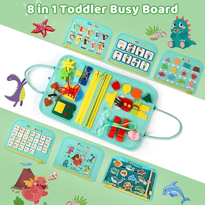 Toddler Busy Board for 1 Year Old, Montessori Toy Sensory Busy Book for Toddler 1-3 Fishing Game Life Skill, Learning Toy Car plane Activities Travel Essential 2-4 Birthday Easter Basket Stuffers Gift