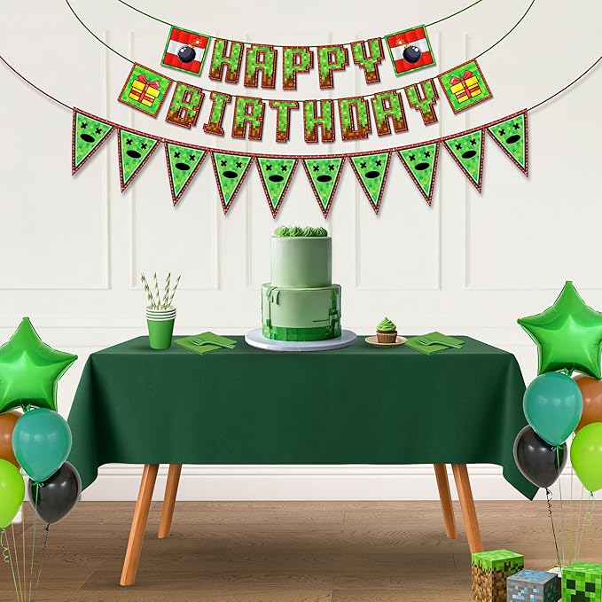IndoTribe Pixel Happy Birthday Banner Pre-strung - 10ft Pennant Banner Flag Video Game Birthday Decorations Miner Backdrop Gaming Birthday Party Decorations Gamer Party Decorations