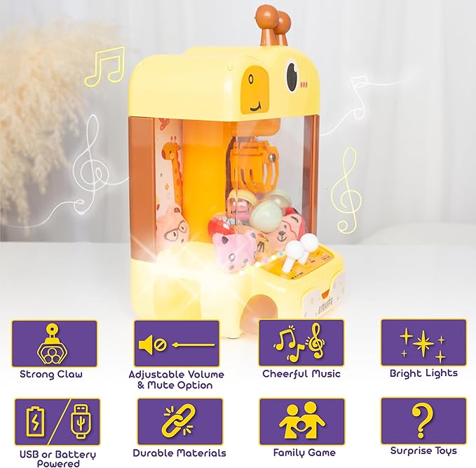 Claw Machine for Kids - Mini Arcade Game - Vending Machine - Candy Grabber Toys - Silent Mode, Lights, USB - Plush Toys & Easter Eggs, Surprise Stickers - Fun Gift for Kids, Boys & Girls (Giraffe)