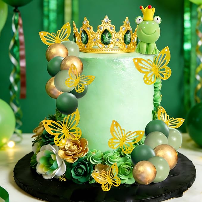 Frog Princess Cake Decorations Princess Fairy Birthday Party Decorations Frog Cake Topper Butterfly Garden Baby Shower Decor Golden Crown Birthday Party Supplies
