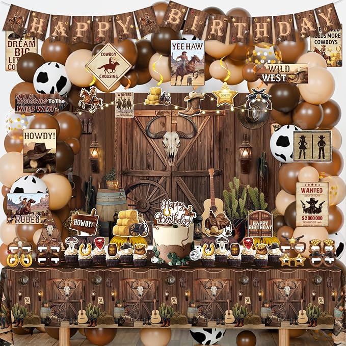 Western Party Decorations, 126 Pcs Wild West Cowboy Rodeo Bday Party Decor Supplies for Boys - Backdrop, Banner, Tablecloths, Centerpieces, Paper Glasses, Hat, Stickers, Wall Signs