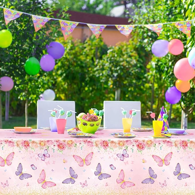 Staraise 3PCS Butterfly Tablecloth,Butterfly Disposable Plastic Table Covers,Watercolor Spring Themed Butterflies Birthday Decorations for Girls Kids Birthday Party,51.2X 86.6inch